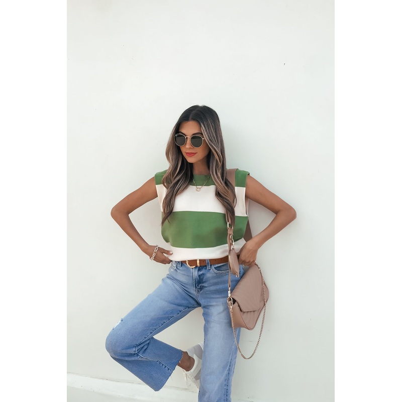 Sleeveless Green and Cream Striped Sweater Small