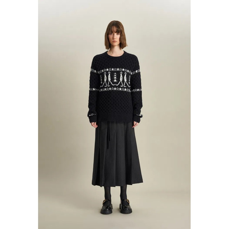 Star Walker Black Fair Isle Pullover in Viscose Wool Pom-Pom Yarn Knit XS