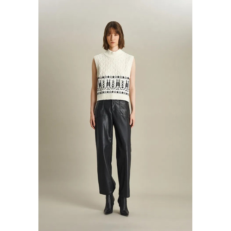 Star Walker Fair Isle Sleeveless Sweater in Wool Pom-Pom Yarn Knit XS