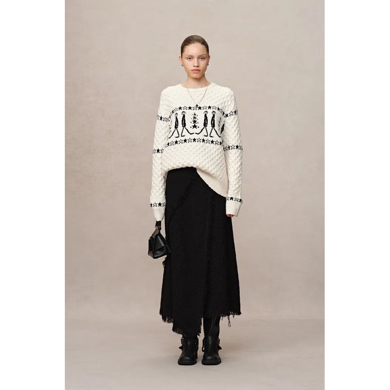 Star Walker White Fair Isle Pullover in Viscose Wool Pom-Pom Yarn Knit XS