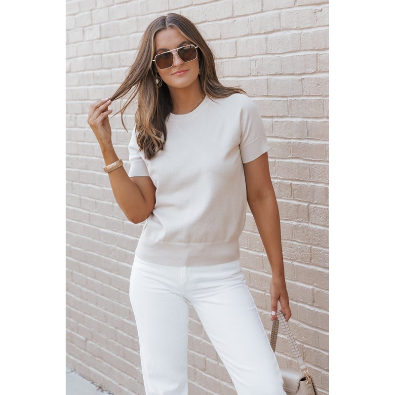 Beige Short Sleeve Crew Neck Sweater Small