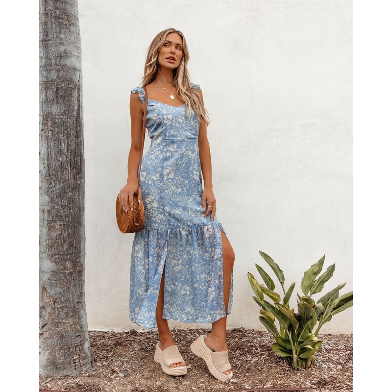 Blue Floral Print Chiffon Midi Dress – DOORBUSTER Small