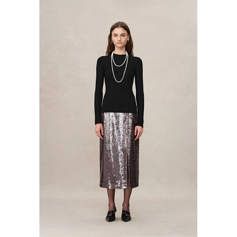 Cara Side Slit Long Sleeve Fitted Top in Merino Wool Yang Yarn Knit XS