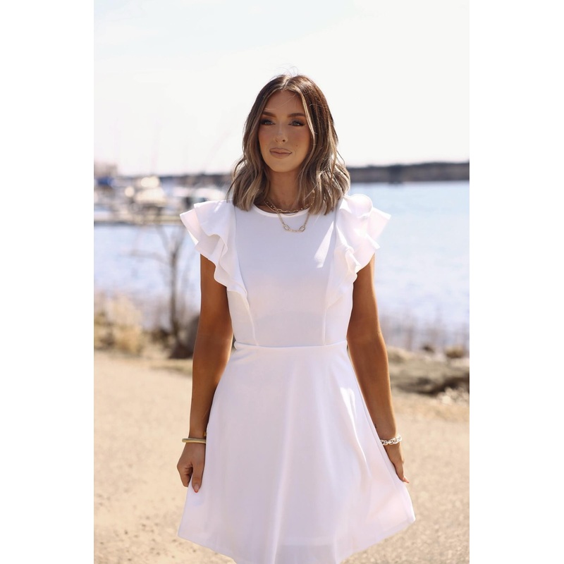 Chic & Classy White Flutter Sleeve Mini Dress – FINAL SALE Small