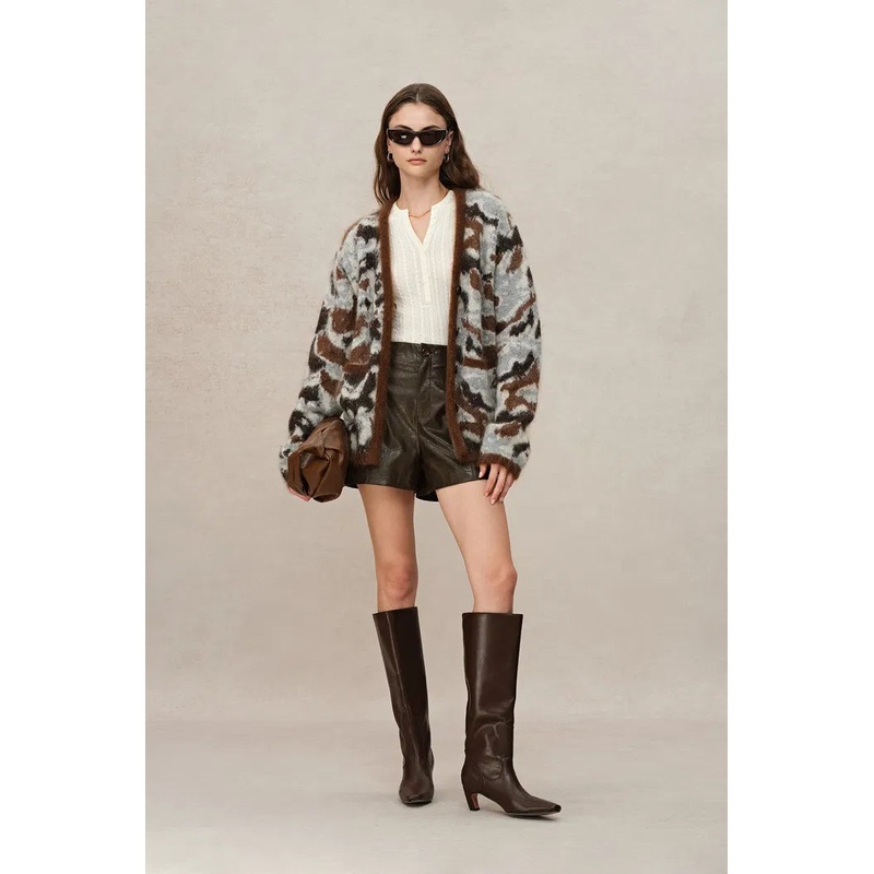 Fera Leopard Jacquard Cardigan in Kid Mohair-Wool Blend Knit XS