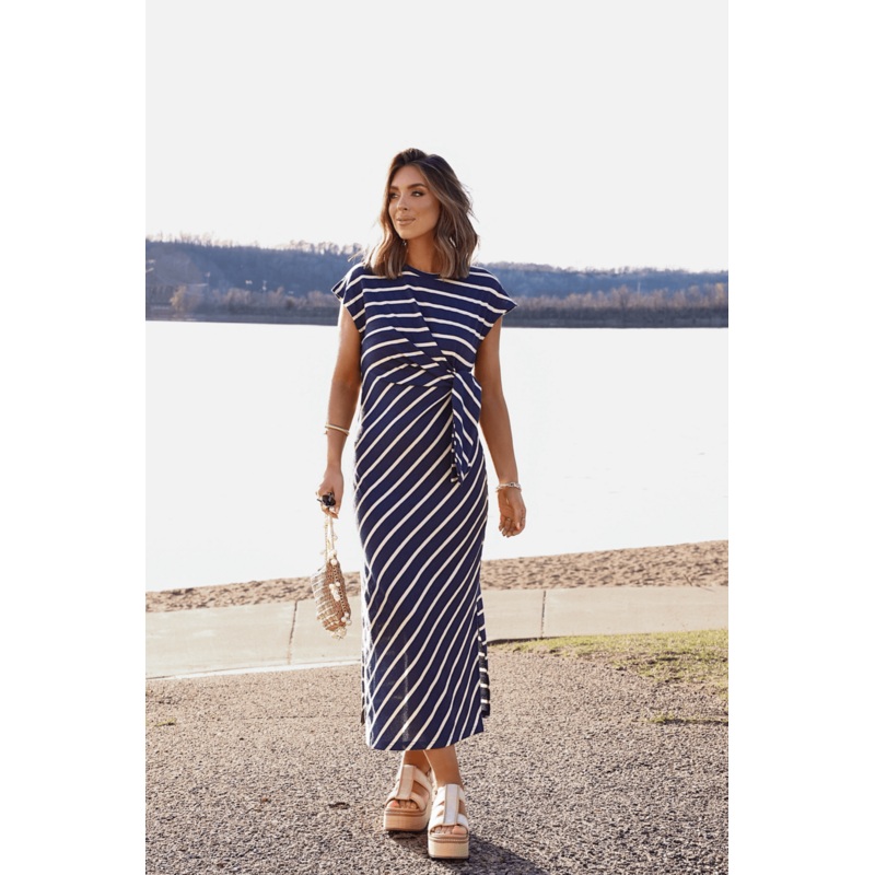Marina Mornings Navy Striped Midi Tie Dress – DOORBUSTER Small