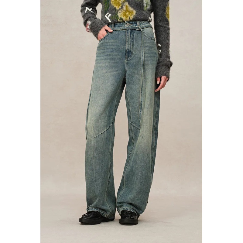 Skylar Denim Tie Belted Barrel Leg Jeans in Washed Cotton Denim XS