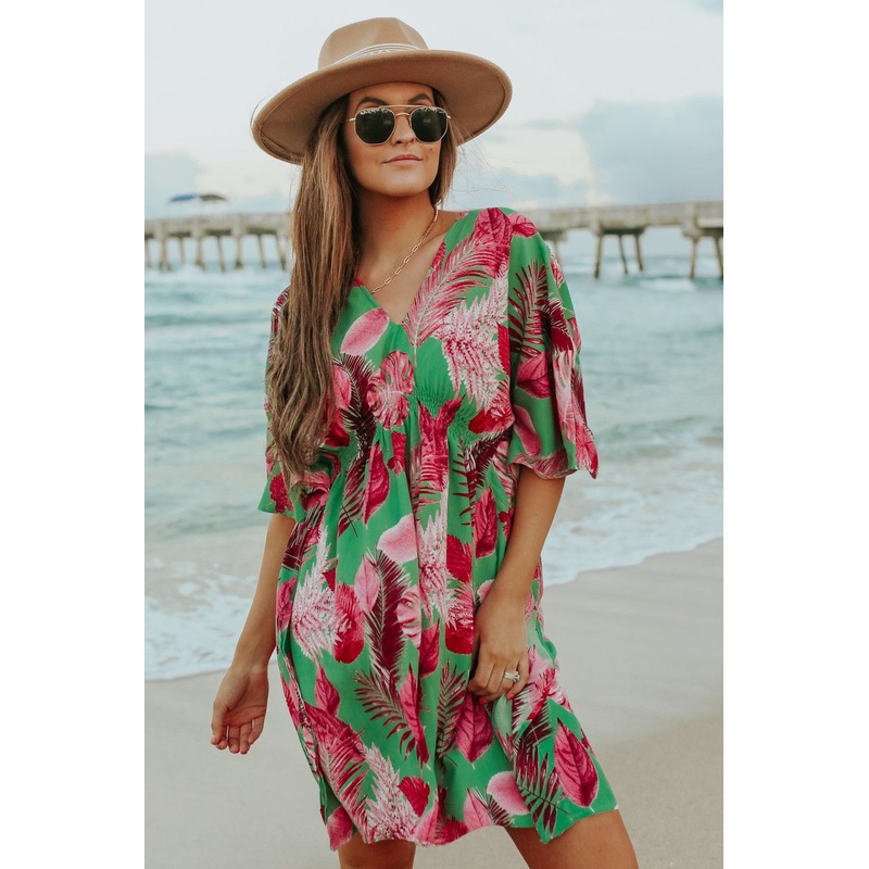 V-Neck Green/Pink Palm Empire Dress – FINAL SALE S