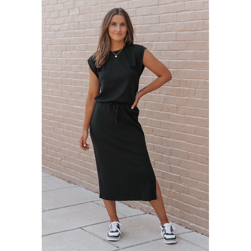 Black Drawstring Slit Midi Dress Small