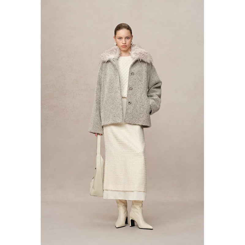 Blossom Detachable Fur Collar Coat in Ultra-Light Alpaca Boucl XS