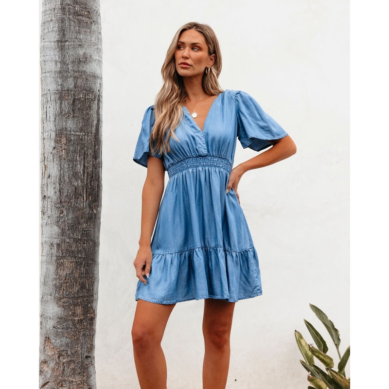 Chambray Split Neck Smocked Mini Dress Small