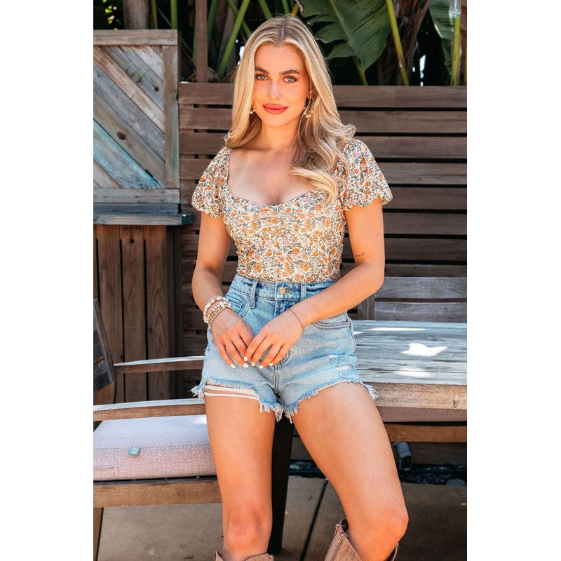 Cream Floral Print Puff Sleeve Bodysuit – FINAL SALE Small