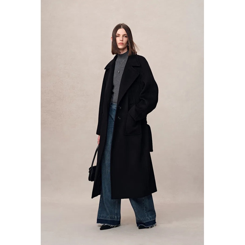 Rond Black Maxi Lapel Long Coat in Merino Cashmere Blend XS