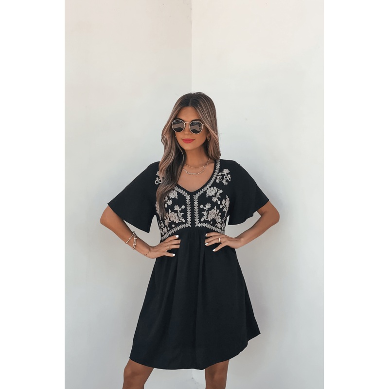 Seaside Taupe Embroidered Black Mini Dress Small