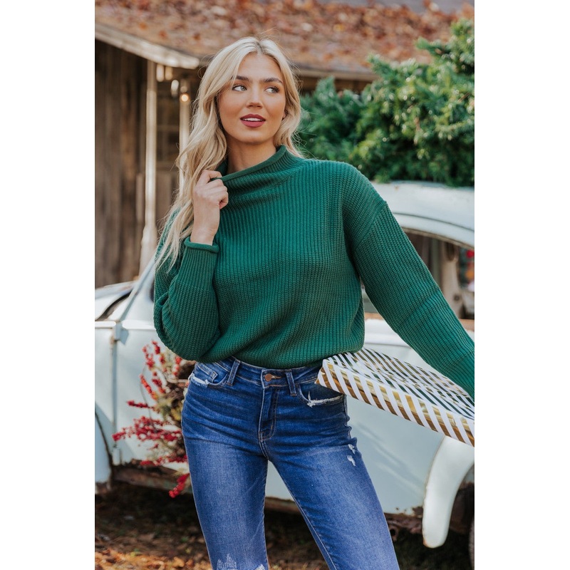 Winter Wonderland Green Mock Neck Sweater-FINAL SALE XS