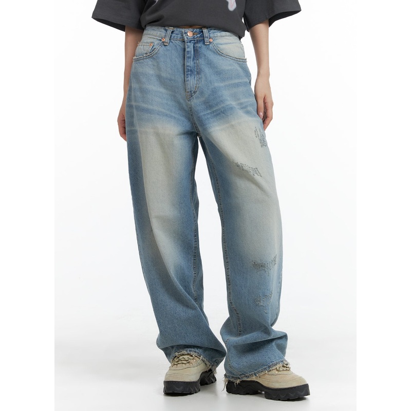 Distressed Baggy Straight Jeans CM418 Blue S