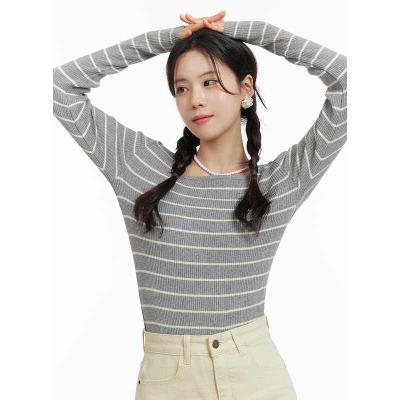 Stripe Square Neck Sweater OM419 Gray S/M