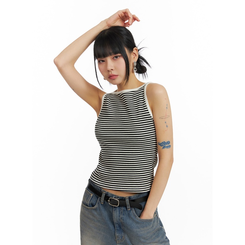 Striped Cotton Sleeveless Top IM414 Black S/M