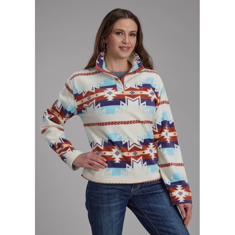 Womens Lg Cream Aztec Printed Fleece Snap Jacket XS