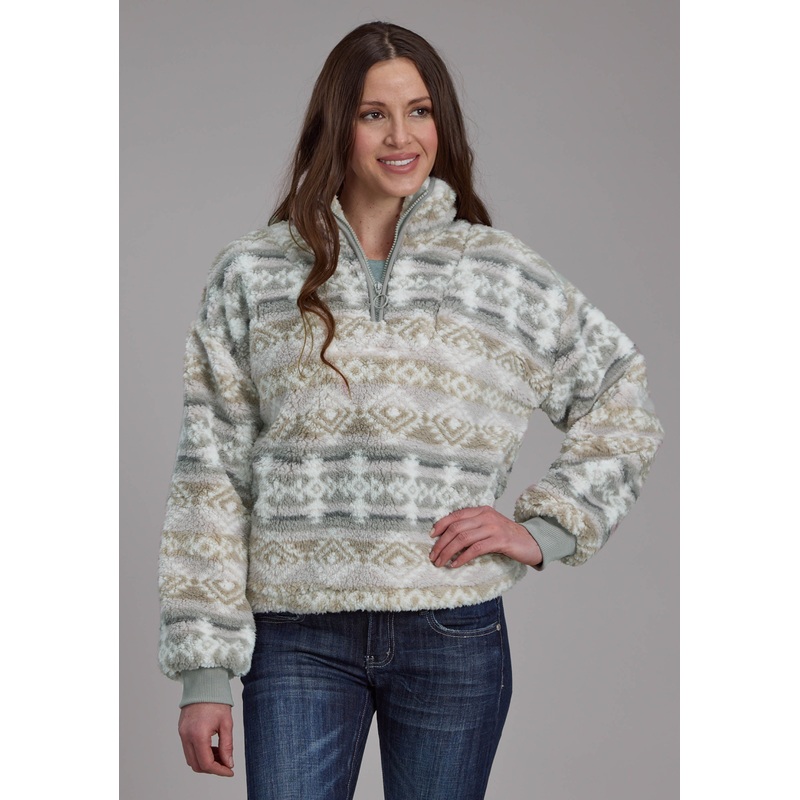 Womens Taupe Gray Fuzzy Aztec Polar Fleece Zipper Jacket XS