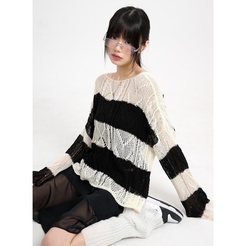 Wool Blend Hollow Out Striped Knit Sweater CM415 Black S/M