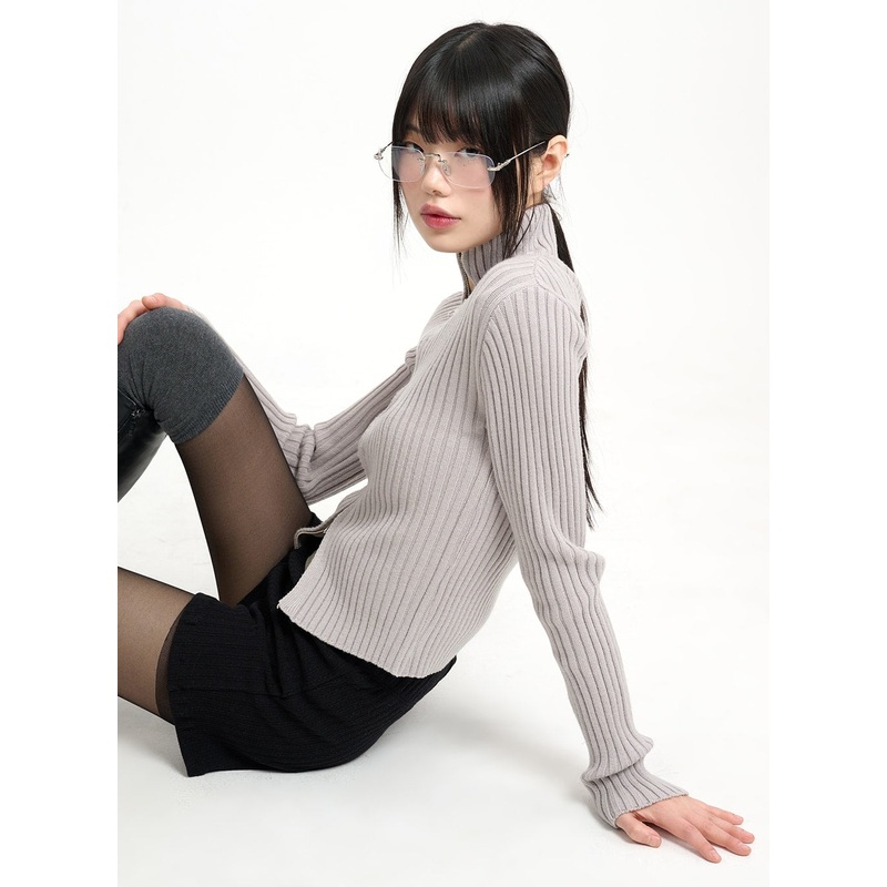 Wool-Blend Knit Zipper Long Sleeve Collared Top CM415 Light gray S/M