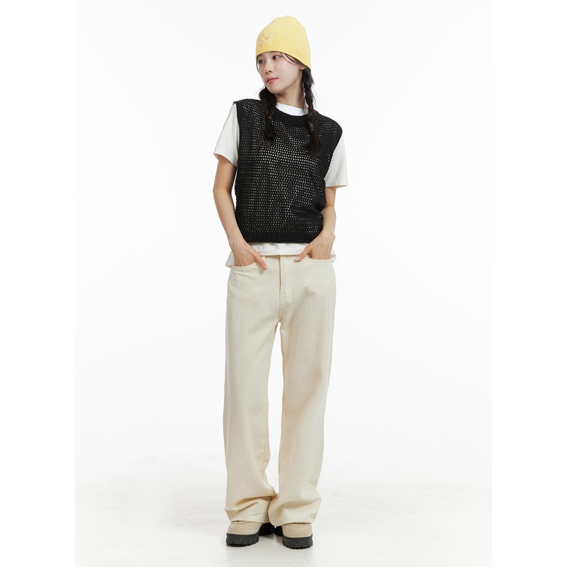 Basic Straight Leg Cotton Pants OM412 Beige S