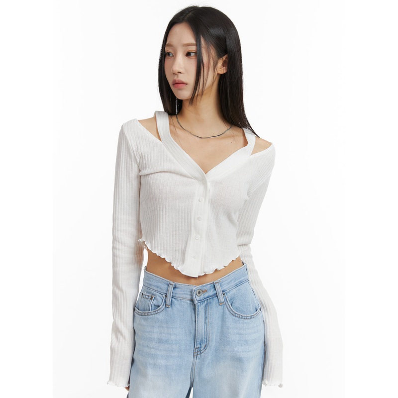 Cut Out Buttoned Long Sleeve Crop Top CJ408 White S/M