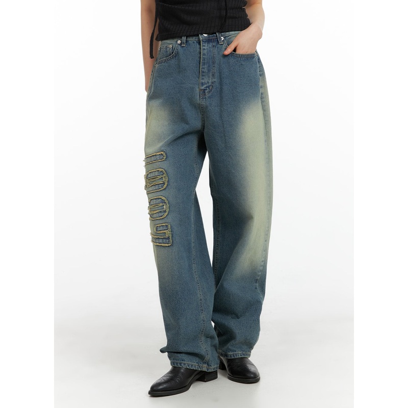 Distressed Baggy Straight Jeans CM413 Blue S