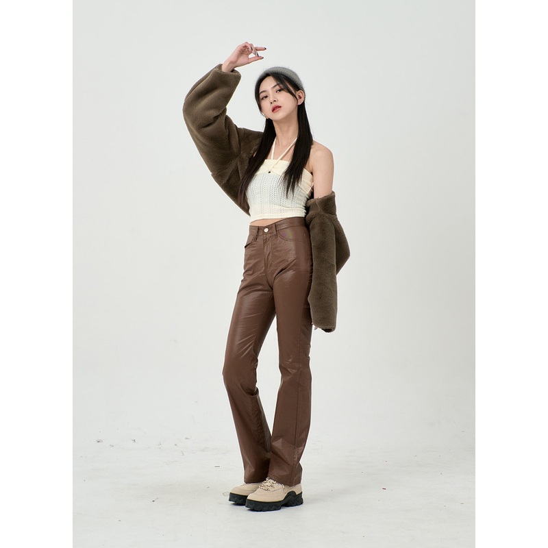 Faux Leather Straight Pants BD09 Pink S