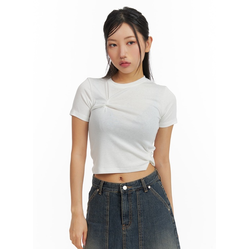 Round Neck Asymmetrical Hem Short Sleeve Tee CM408 White S/M