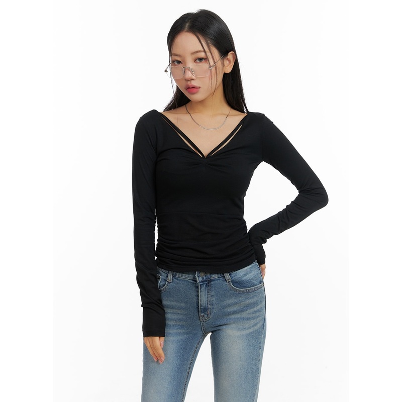 Slim Fit Shirred V-Neck Long Sleeve CM411 Black S/M