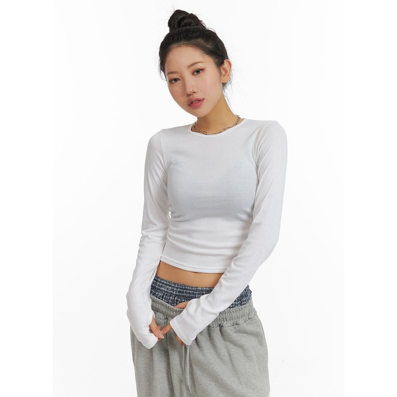 Solid Long Sleeve Crop Top CM408 White S/M