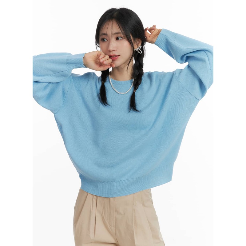Solid Round Neck Knit Sweater OM411 Light blue S/M