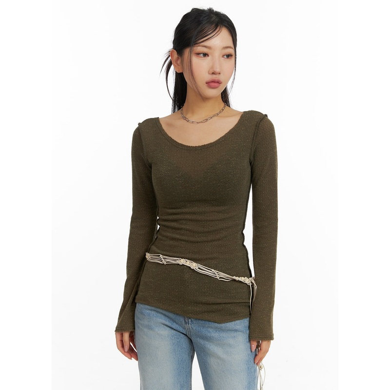 U-Neck Stitch Detail Long Sleeve CM411 Dark green S/M