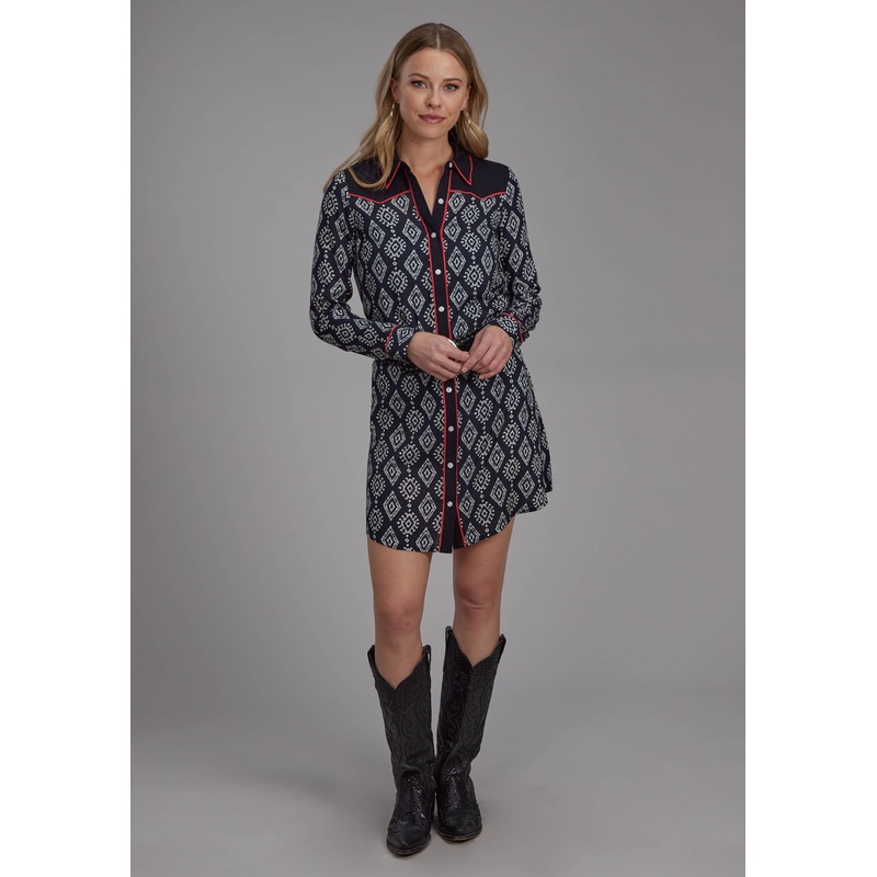 Womens Black Cream Ikat Print Rayon Long Sleeve Dress Button Dress XS