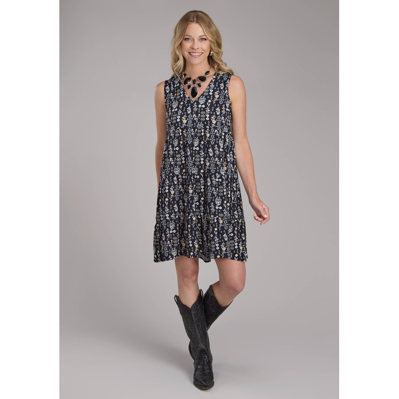 Womens Black Vintage Floral Print Rayon Sleeveless Dress Pullover Dress XS