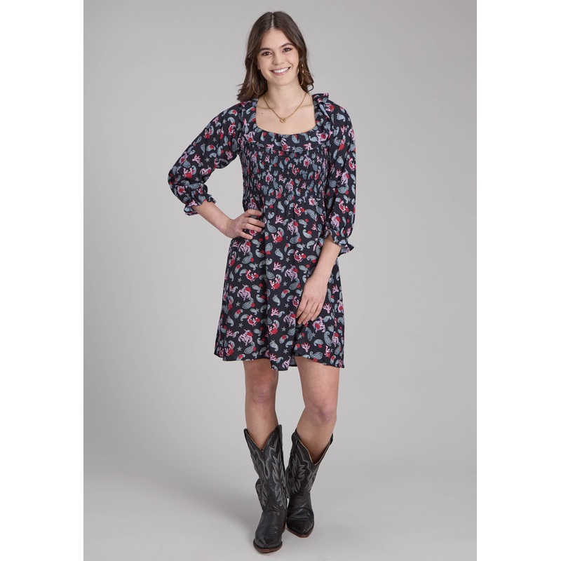 Womens Bronc Riders Printed Rayon Dress Long Sleeve Dress Pullover Dress XS