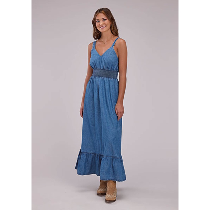 Womens Denim Maxi Dress With Ruffle Hem Sleeveless Dress Pullover Dress XS