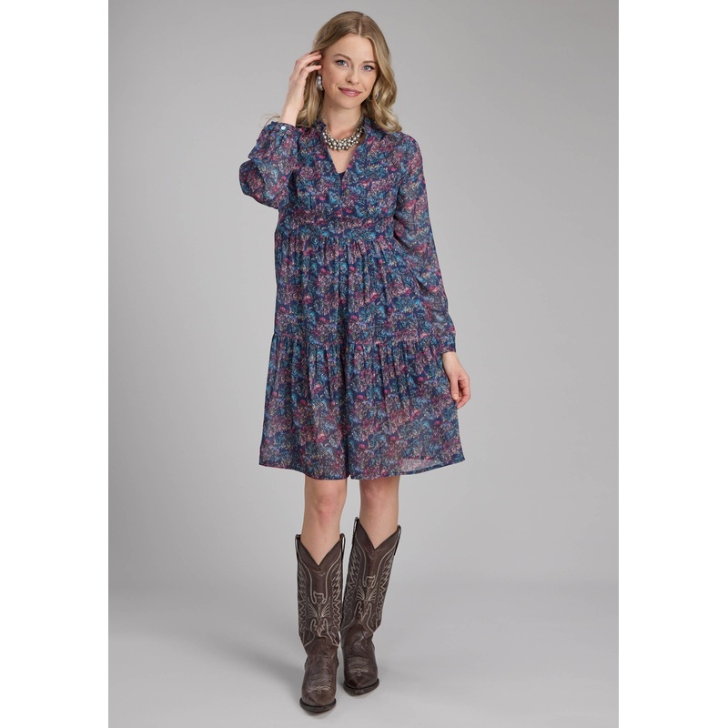 Womens “Gem Floral” Print Georgette Long Sleeve Dress Button Dress XS