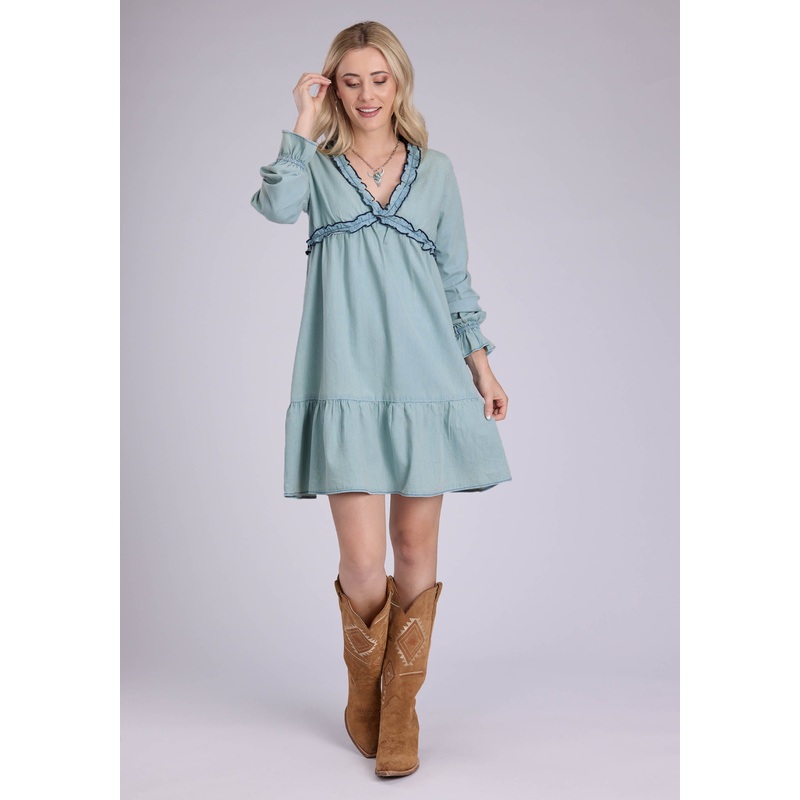 Womens Light Blue Denim V-Neck Dress Long Sleeve Dress Pullover Dress XS