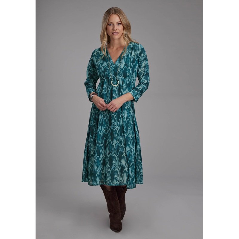 Womens Teal Feather Print Georgette Long Sleeve Dress Pullover Dress XS