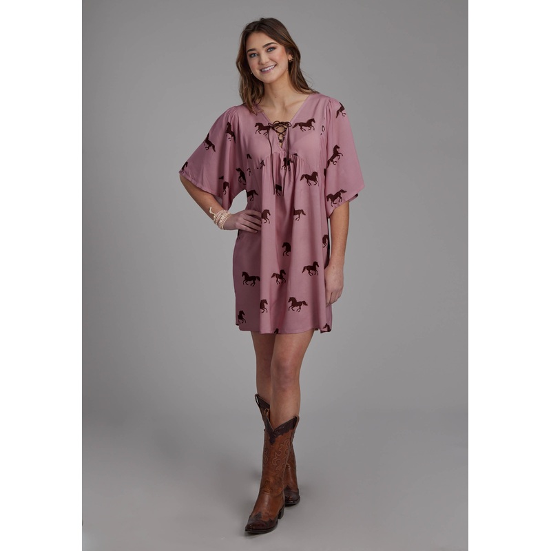 Womens Wild Horses Printed Rayon Short Sleeve Dress Pullover Dress XS