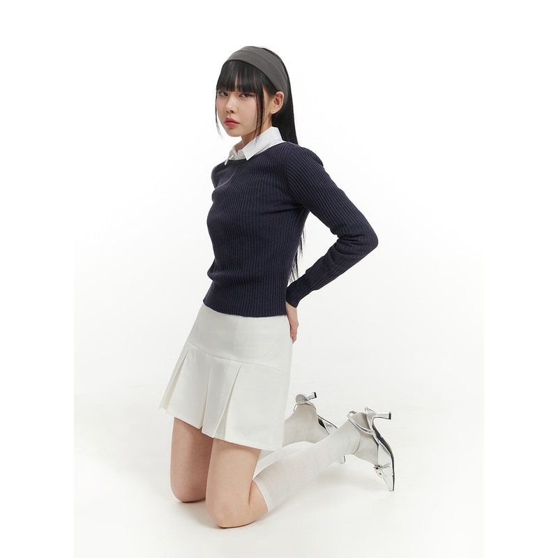 Basic Cotton Pleated Mini Skirt IM406 White S/M