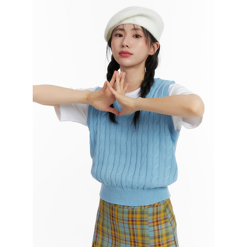 Cable Knit Sweater Vest OM408 Blue S/M