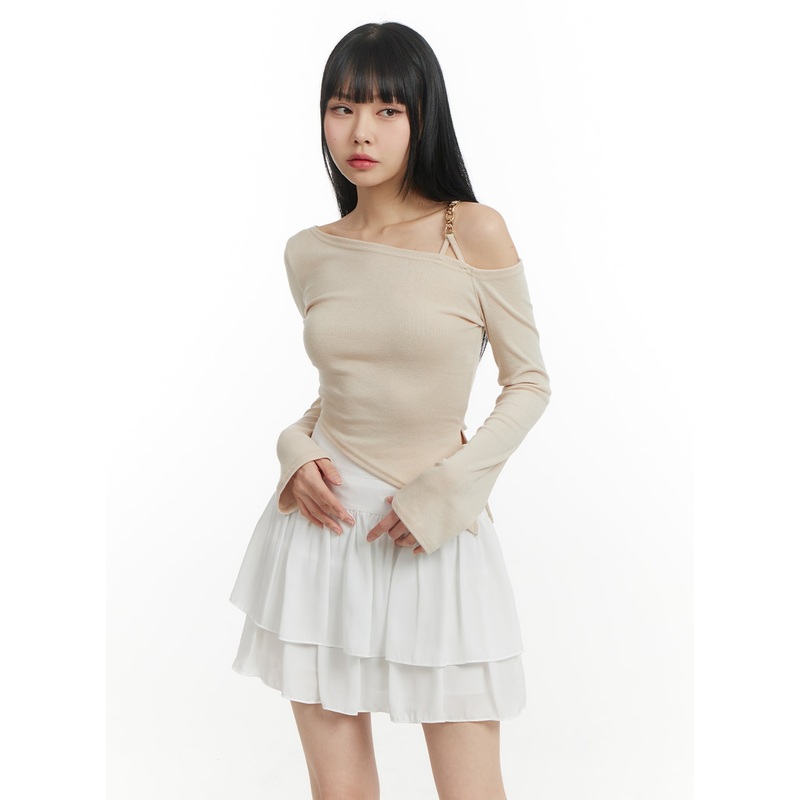 Chain Detail One Shoulder Long Sleeve IM406 Beige S/M