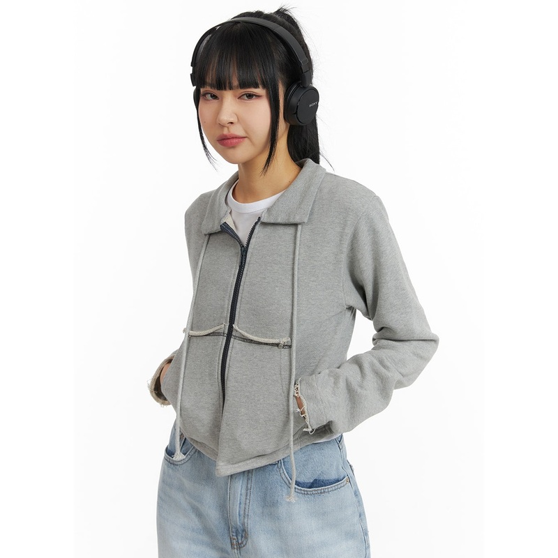 Collar Solid Drawstring Pocket Jacket CM407 Gray S/M