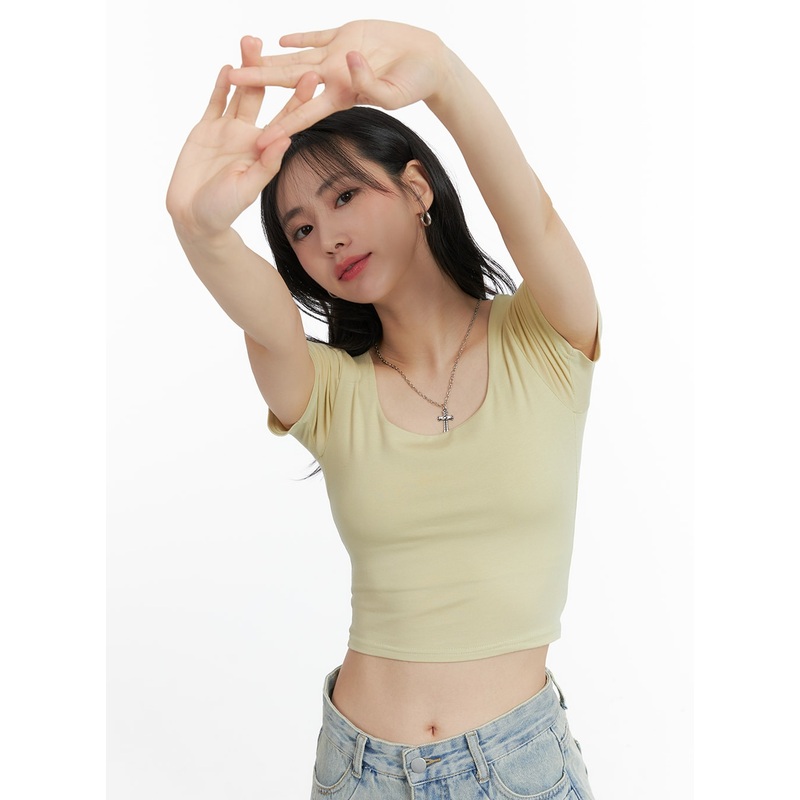 Round Neck Basic Crop Tee OM408 Light green S/M