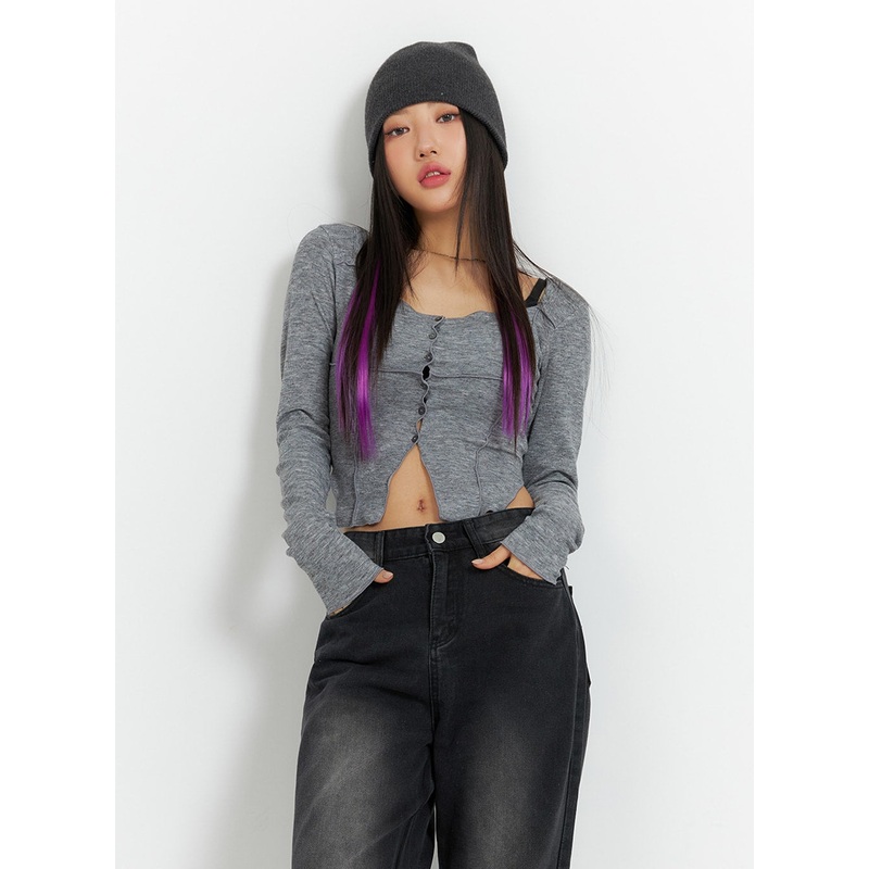 Slit Buttoned Crop Top IM405 Dark gray S/M