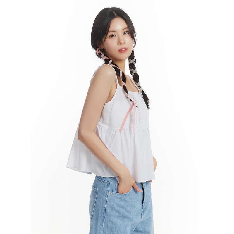 Solid Ruffle Hem Button-Up Cami Top OM406 White S/M